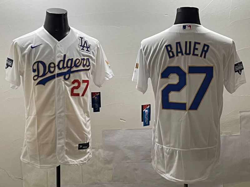 Men Los Angeles Dodgers #27 Bauer White Gold Elite 2025 Nike MLB Jersey style 8